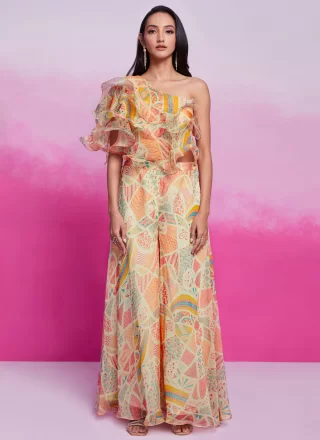 Beige Organza Print Work Party Wear Kurti for Ceremonial
