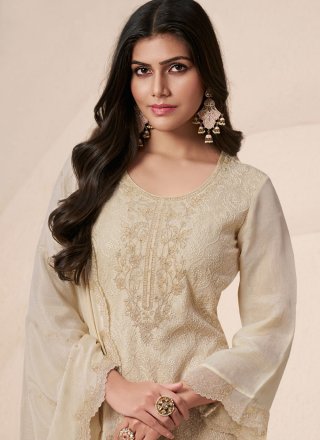 Beige Organza Salwar Suit with Embroidered and Zari Work