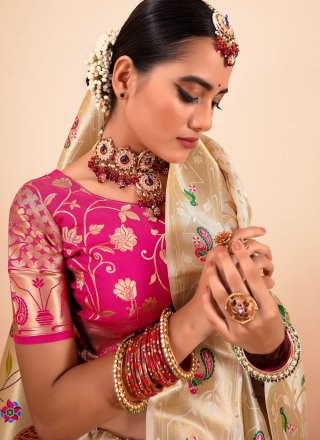Beige Paithni Patch Border, Weaving and Zari Work Classic Sari for Women