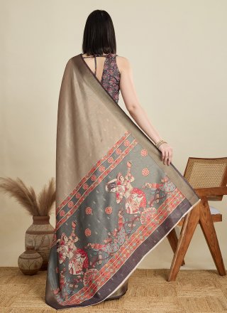 Beige Patch Border and Print Work Cotton Trendy Saree