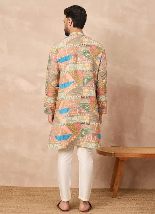 Beige Print Work Blended Cotton Kurta Pyjama