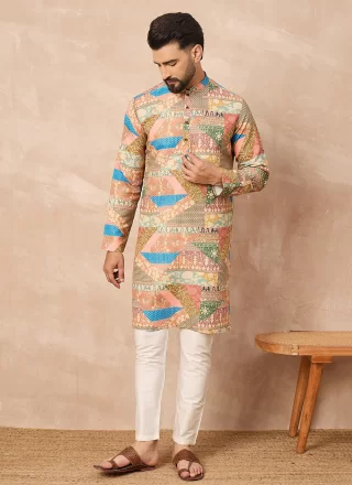 Beige Print Work Blended Cotton Kurta Pyjama