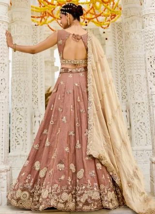 Beige Satin Silk Readymade Lehenga Choli with Beads, Embroidered, Fancy, Sequins and Thread Work for Ceremonial