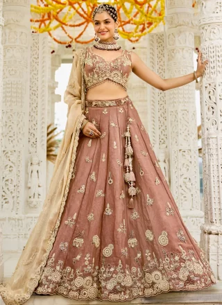 Beige Satin Silk Readymade Lehenga Choli with Beads, Embroidered, Fancy, Sequins and Thread Work for Ceremonial