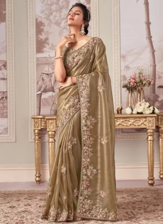 Beige Silk Booti, Embroidered, Sequins and Zari Work Trendy Saree