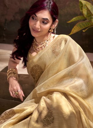 Beige Silk Contemporary Saree with Woven Work