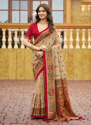 Beige Silk Digital Print Work Classic Sari