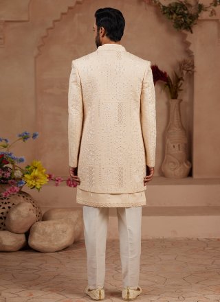Beige Silk Machine Embroidery and Thread Work Indo Western Sherwani