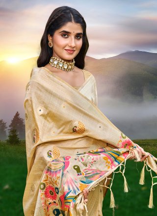 Beige Silk Meena Work Classic Saree for Ceremonial