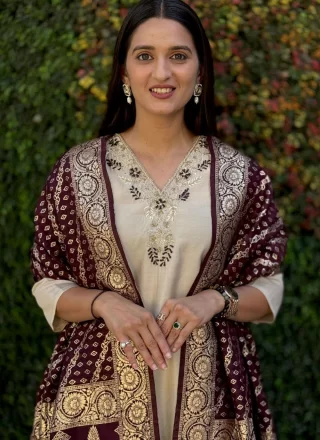 Beige Silk Readymade Salwar Suit with Embroidered and Zari Work