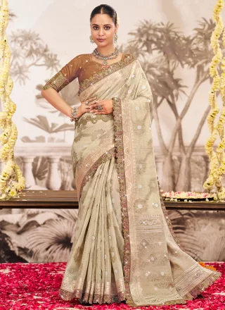 Beige Silk Traditional Saree with Embroidered and Lace Work for Ceremonial