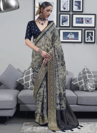 Beige Silk Trendy Saree with Patch Border, Fancy, Jacquard and Print Work