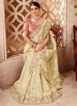Beige Tissue Classic Saree with Beads, Booti, Embroidered, Jacquard, Resham, Sequins, Stone and Zari Work