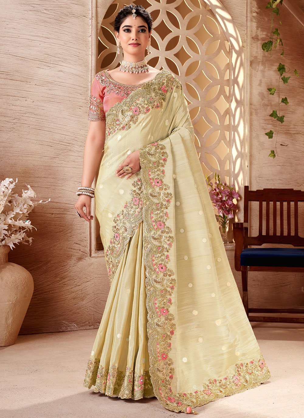 Beige Tissue Classic Saree with Beads, Booti, Embroidered, Jacquard, Resham, Sequins, Stone and Zari Work Beige Tissue Classic Saree with Beads, Booti, Embroidered, Jacquard, Resham, Sequins, Stone and Zari Work