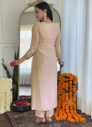 Beige Viscose Embroidered Work Readymade Salwar Suit for Casual