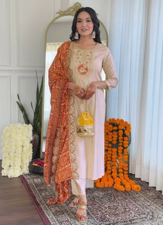Beige Viscose Salwar Suit with Embroidered and Print Work for Ceremonial