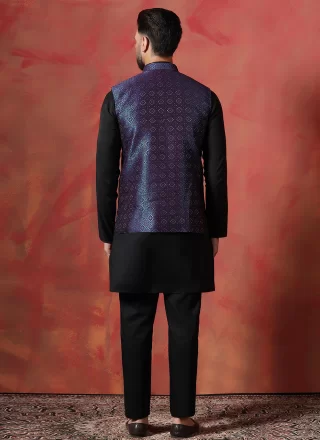 Best Black and Blue Jacquard Kurta Payjama with Jacket with Embroidered Work
