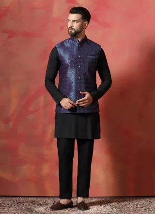 Best Black and Blue Jacquard Kurta Payjama with Jacket with Embroidered Work