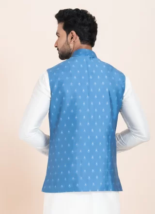 Best Blue Cotton Nehru Jackets with Jacquard Work