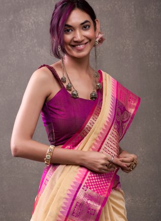 Best Cream Cotton Classic Saree with Weaving Work