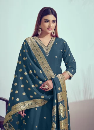 Best Teal Silk Salwar Suit with Cord, Embroidered, Mirror and Woven Work