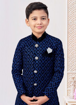 Black and Blue Velvet Machine Embroidery Work Indo Western for Kid