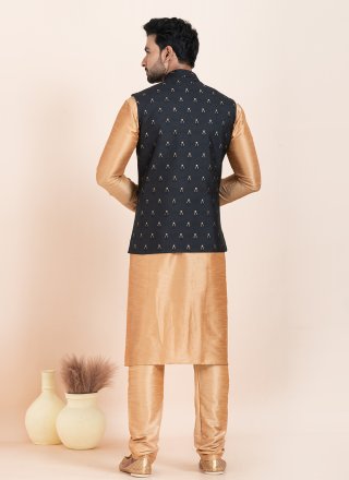 Black and Brown Banarasi Silk Kurta Payjama with Jacket with Jacquard Work for Men