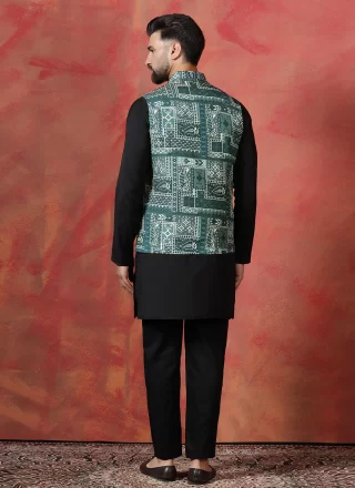 Black and Green Blended Cotton Print Work Kurta Payjama with Jacket for Ceremonial