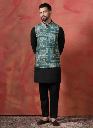 Black and Green Blended Cotton Print Work Kurta Payjama with Jacket for Ceremonial