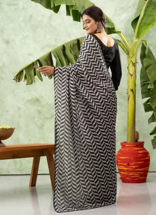 Black and Grey Chinon Casual Saree with Digital Print Work
