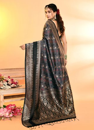 Black and Grey Patch Border, Plain and Weaving Work Silk Trendy Saree