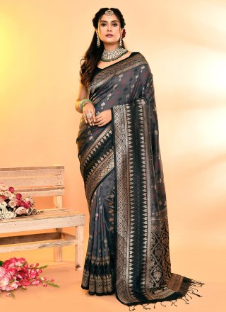 Black and Grey Patch Border, Plain and Weaving Work Silk Trendy Saree
