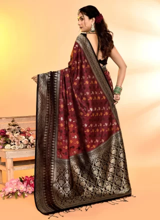 Black and Maroon Silk Patch Border, Plain and Weaving Work Classic Saree for Ceremonial