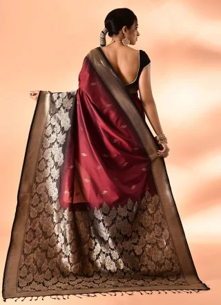 Black and Maroon Silk Patch Border, Plain and Weaving Work Contemporary Saree