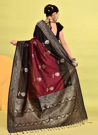 Black and Maroon Silk Patch Border, Plain and Weaving Work Trendy Saree
