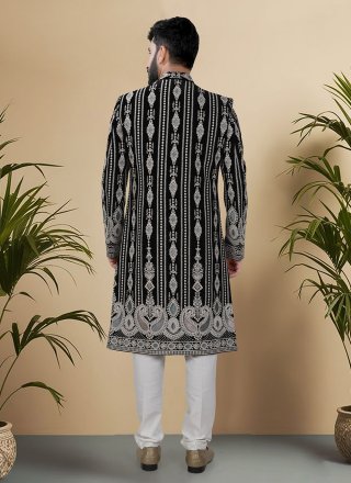 Black and Multi Colour Velvet Embroidered, Sequins and Thread Work Sherwani Mens Wear