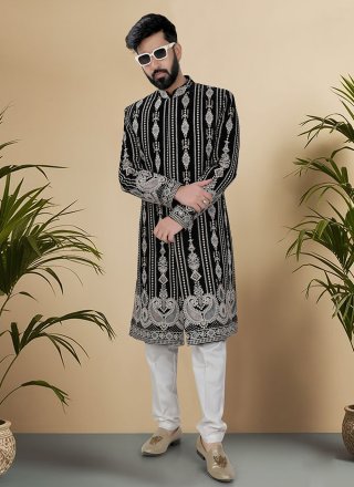 Black and Multi Colour Velvet Embroidered, Sequins and Thread Work Sherwani Mens Wear