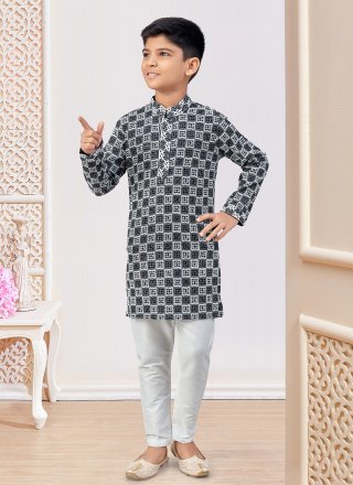 Black and Off White Machine Embroidery Work Rayon Kurta Pyjama