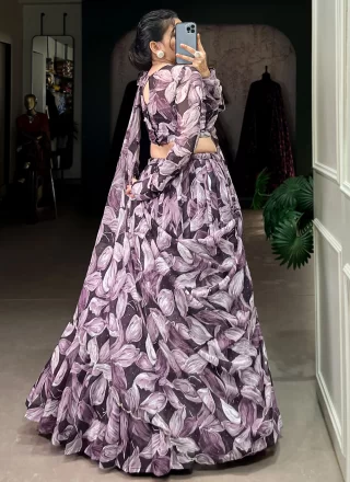 Black and Purple Silk Lehenga Choli with Foliage Print and Print Work for Women