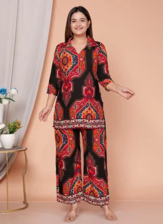 Black and Red Rayon Digital Print Work Casual Kurti