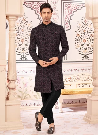 Black and Wine Silk Embroidered Work Indo Western for Ceremonial
