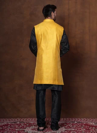 Black and Yellow Dupion Silk Kurta Payjama with Jacket In Plain