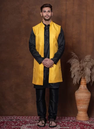Black and Yellow Dupion Silk Kurta Payjama with Jacket In Plain