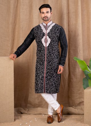 Black Art Silk Indo Western with Buttons Work