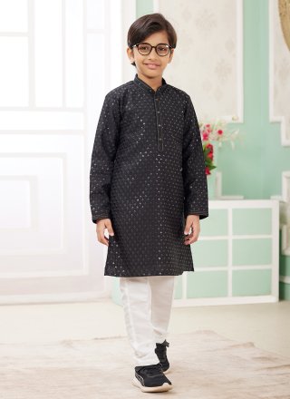 Black Art Silk Kurta Pyjama with Thread Work for Kid