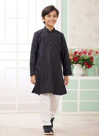 Black Art Silk Kurta Pyjama with Thread Work for Kid