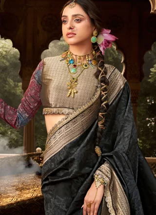 Black Banarasi Silk Patch Border, Embroidered, Fancy, Print and Zari Work Contemporary Saree