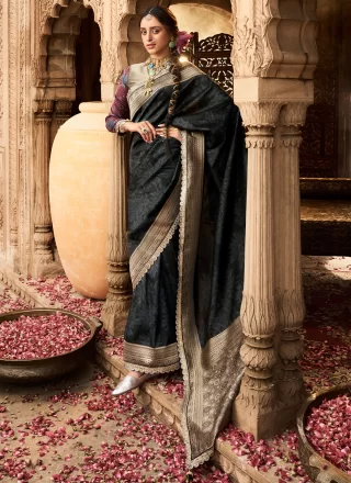 Black Banarasi Silk Patch Border, Embroidered, Fancy, Print and Zari Work Contemporary Saree