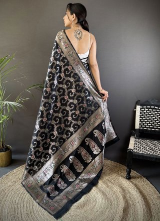 Black Banarasi Silk Weaving and Zari Work Contemporary Sari