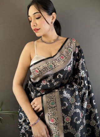 Black Banarasi Silk Weaving and Zari Work Contemporary Sari